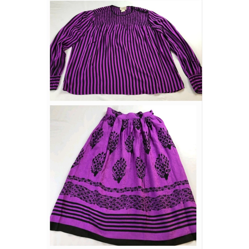 Vintage Mary McFadden for Jack Mulqueen Silk Blouse Skirt Set Purple Black Sz 8